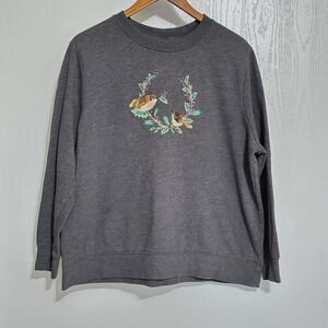 Christmas Ugly Sweater Size Large-XL Cute Birds And Wreath Holly Embroidery